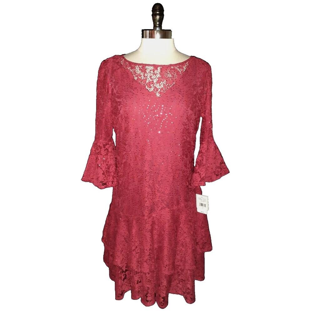 NEW DANNY AND NICOLE Size 12 Shift Dress Red Floral Lace Shimmery Sequins Ruffle